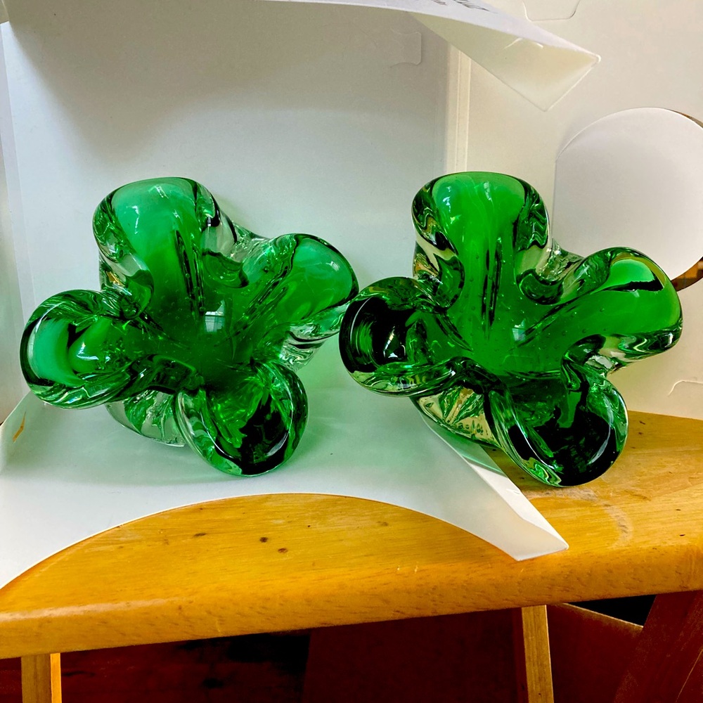 2 Estate auction Green Glass Ashtray/dish Hand Blown? 3 lb each Gorgeous